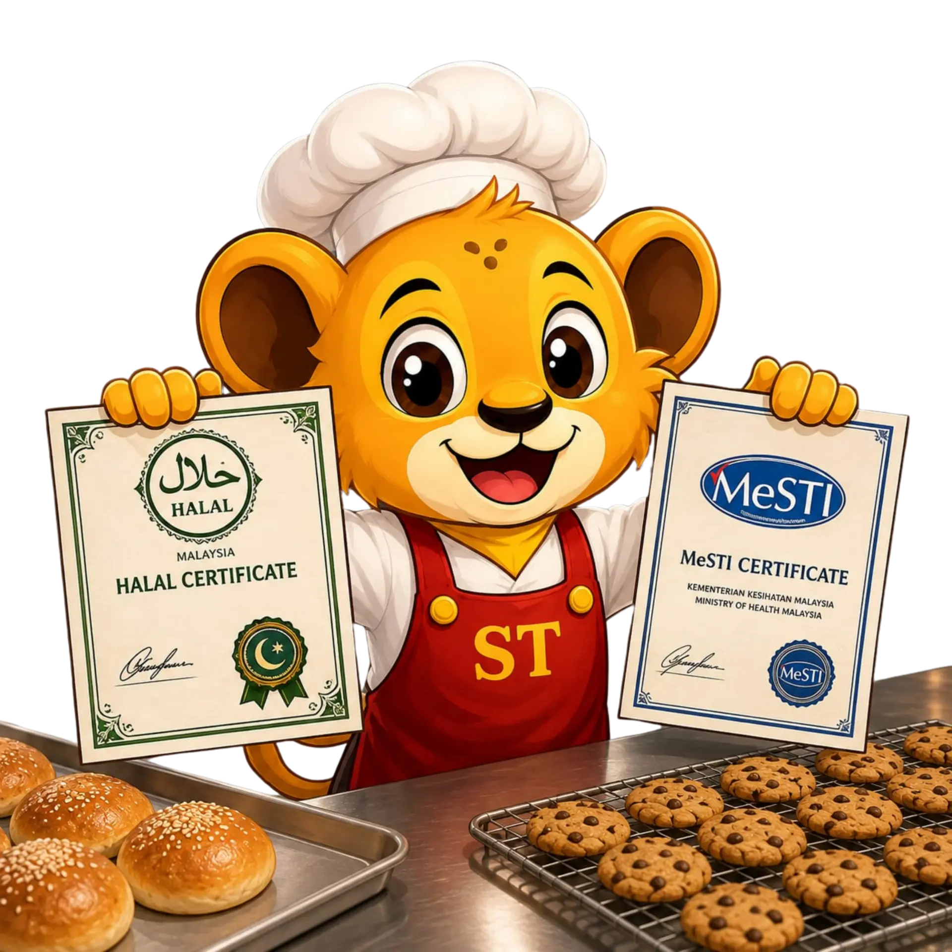 RoRo mascot holding Halal and MeSTI certificates