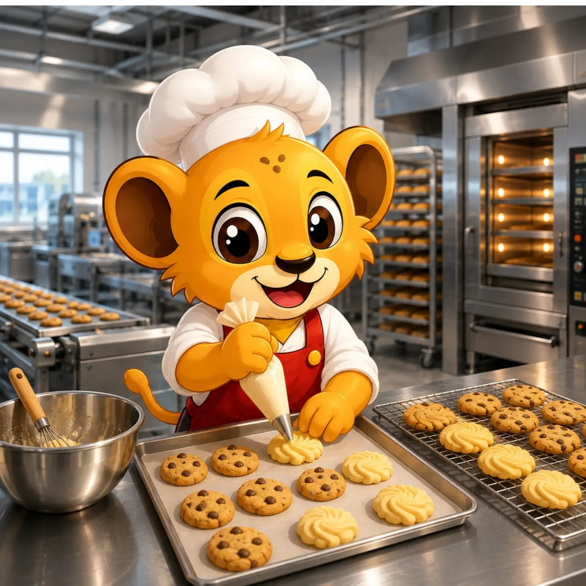 RoRo the lion piping cookies in the Stampin bakery factory